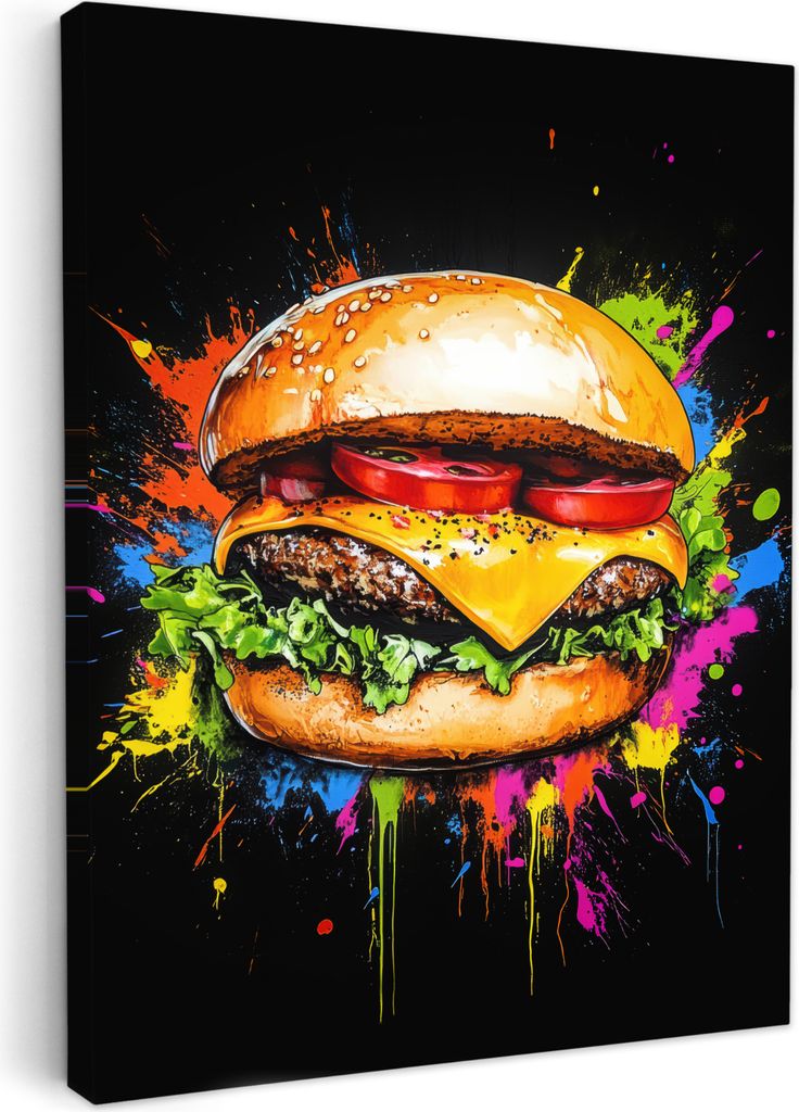 Leinwand Bilder 60x80 cm - Graffiti - Hamburger, Wandbilder, Wanddeko Wohnzimmer, Bild