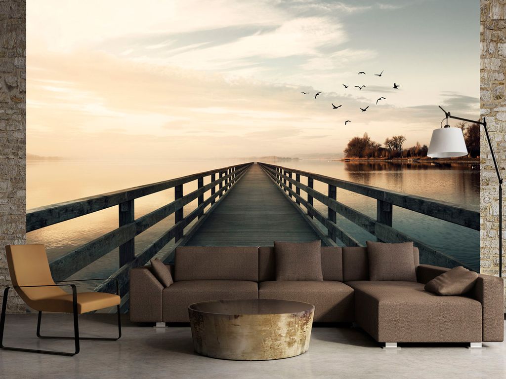 Vlies Fototapete Ausblick auf See 400x280 cm Tapeten Wandtapete XXL Natur Landschaft Pier Strand See Meer c-C-0034-a-c