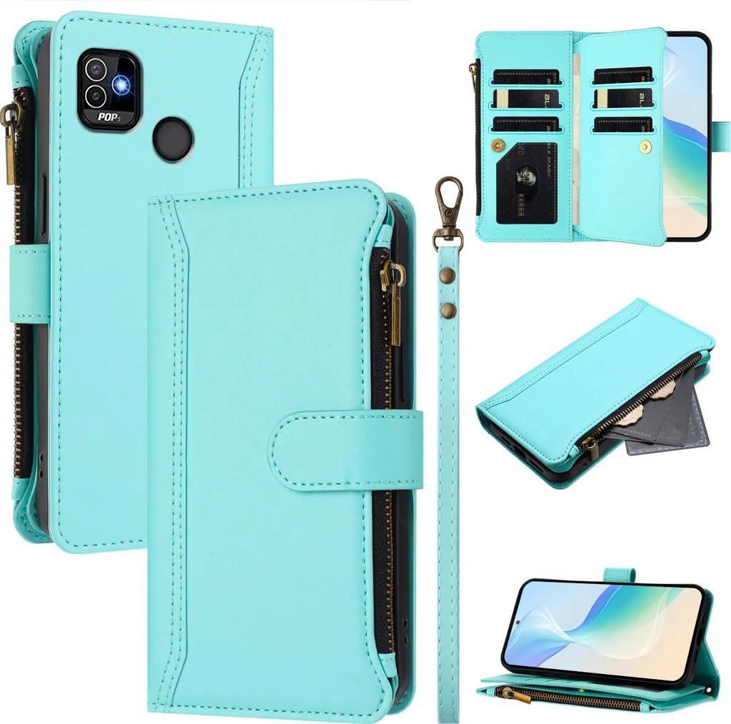 Cover Tecno Pop 5 Flip Portafoglio in Pelle Verde Menta con Slot Carte