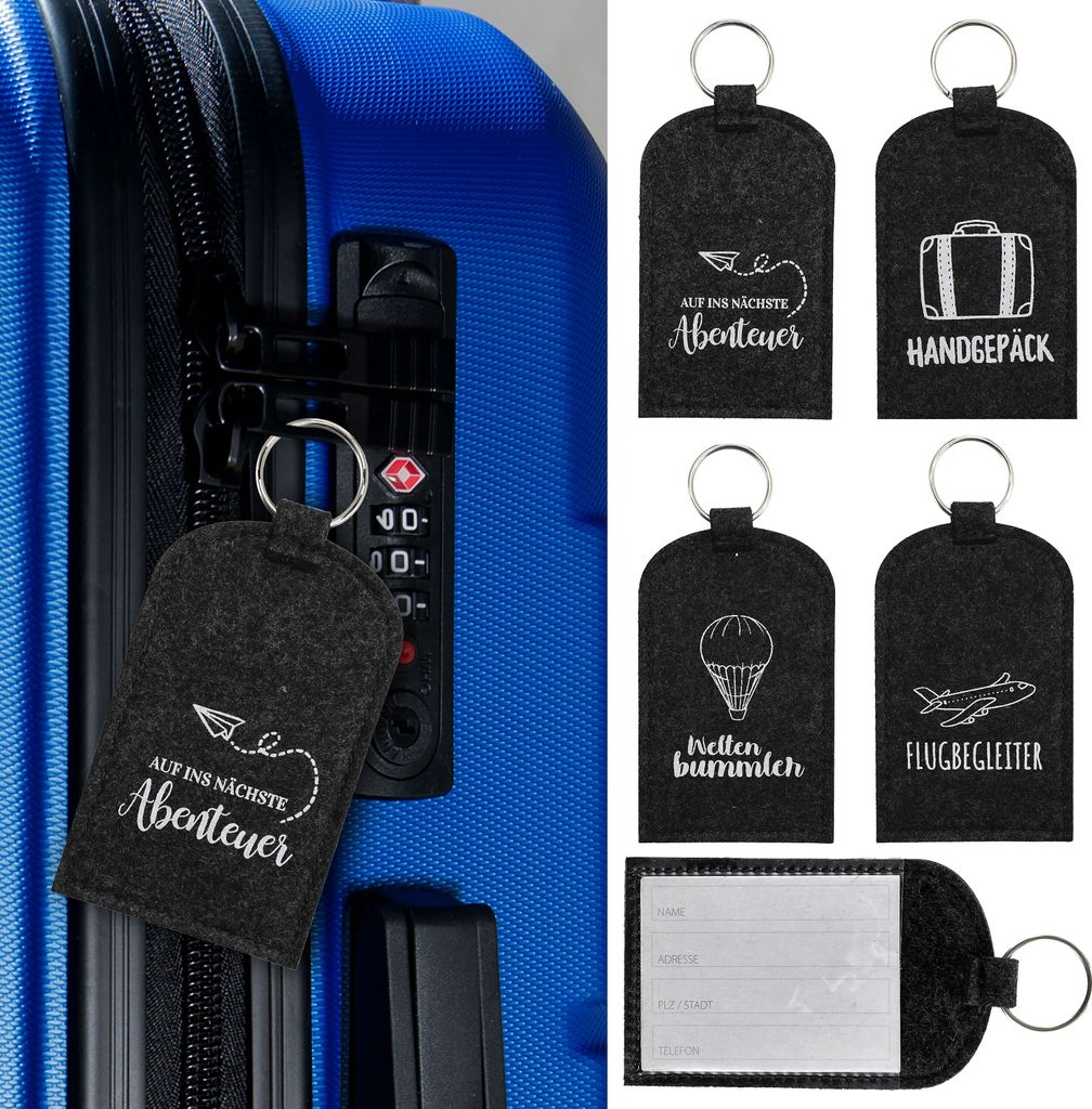 Kofferanhänger 4er Set mit Aufdruck 7x12cm anthrazit 100% Polyester Filz Schüsselring Namensfeld Gepäckanhänger