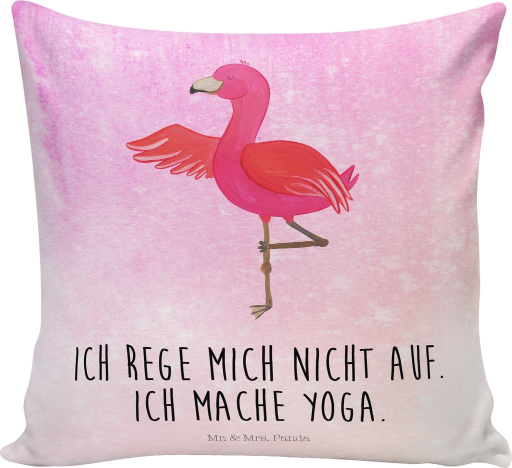 Mr. & Mrs. Panda Deko Kissen Flamingo Yoga - Aquarell Pink - Geschenk, Zierkissen, Achtsamkeit, Namaste, Sofakissen, Yogi, Vogel, 40x40, Dekokissen...