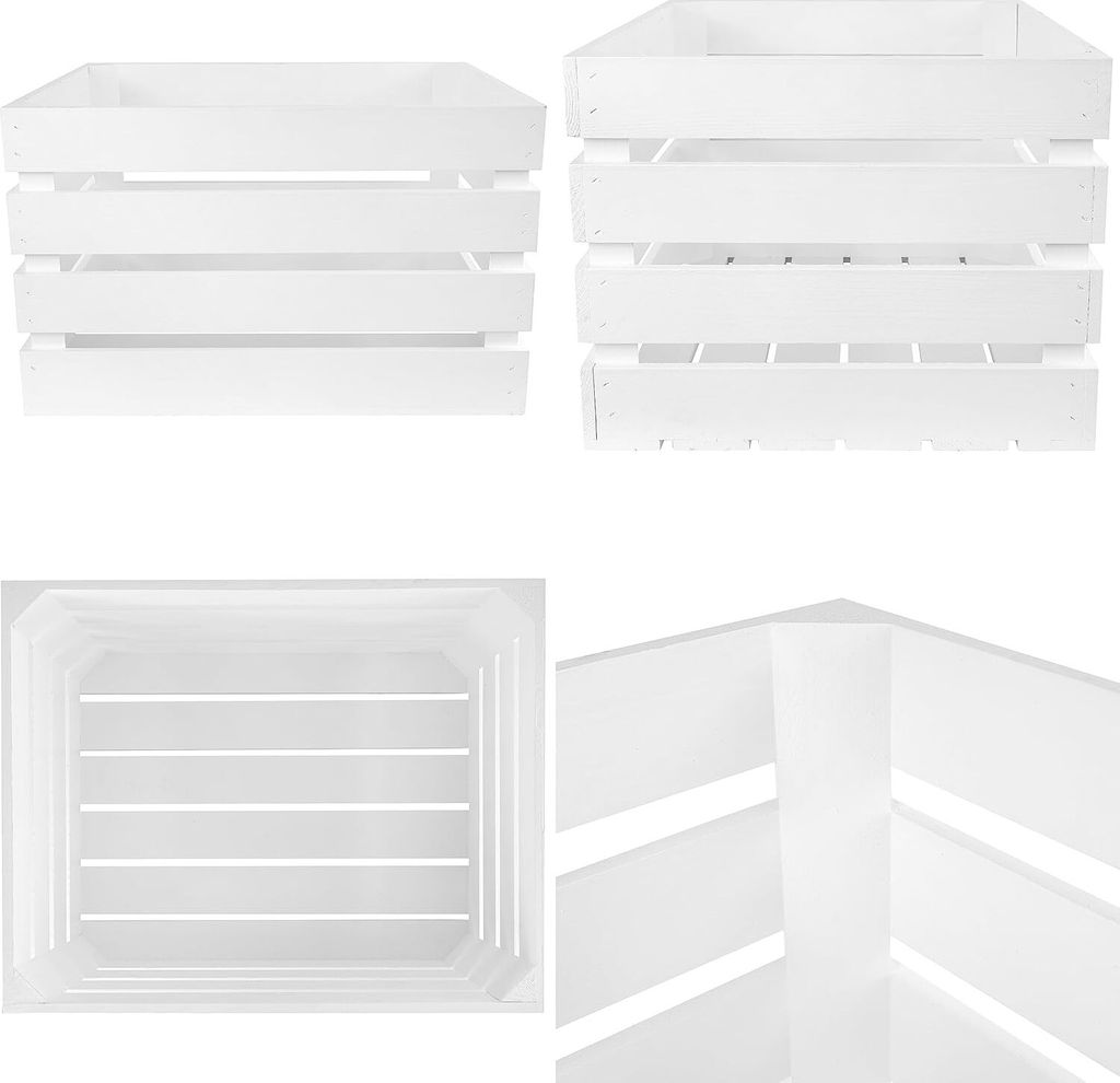 A collage of four images showing a white wooden crate from different angles.