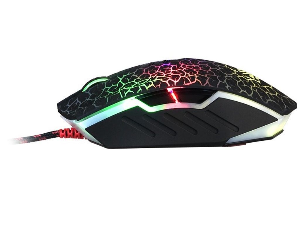 A side view of a gaming mouse with colorful LED lighting.