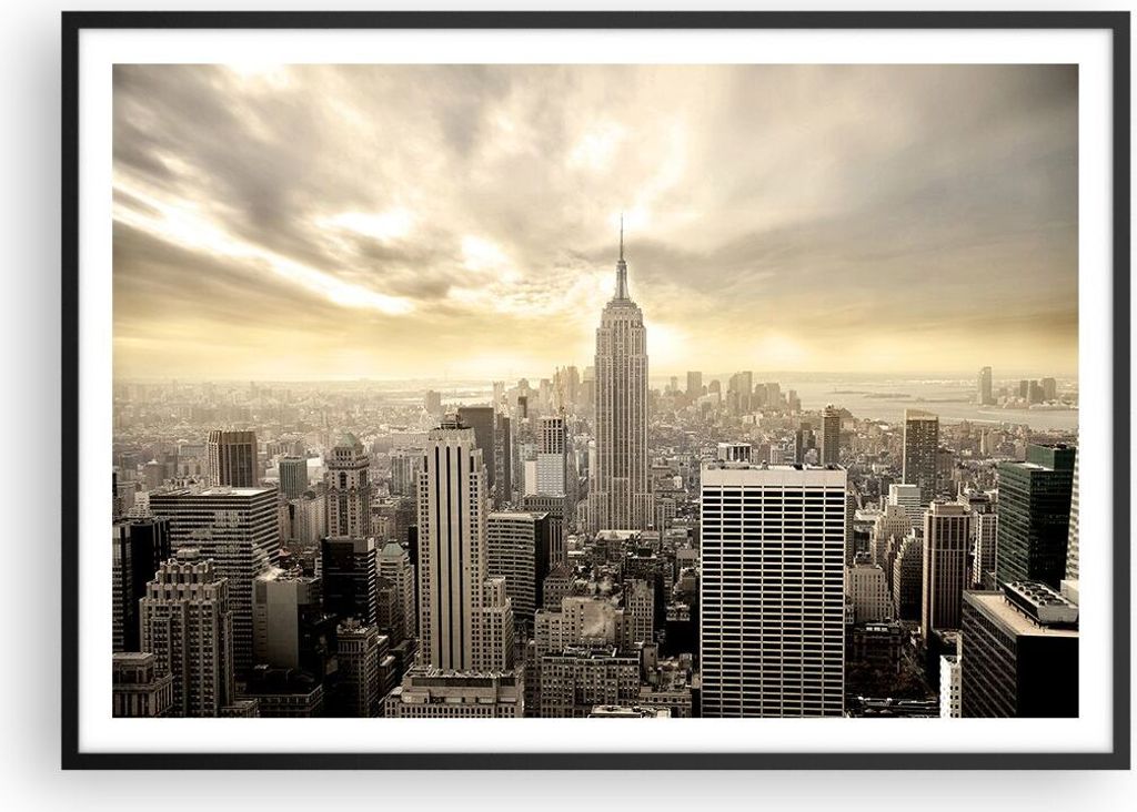 Gerahmtes Poster - Schwarzer Rahmen - Stadt Wolkenkratzer Manhattan New York - 100x70 cm - Wand Bild - Wanddeko - Wandbilder - Wandposter - Bilderr...