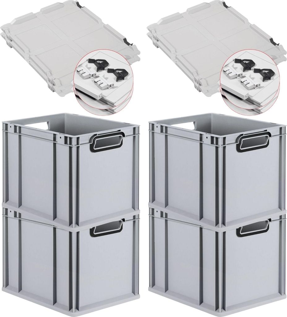 SuperSparSet 4x Eurobox NextGen Color mit Scharnierdeckel und Schiebeschnappverschlüssen | HxBxT 32x30x40cm | 30 Liter | Grau | Griffe schwarz off...