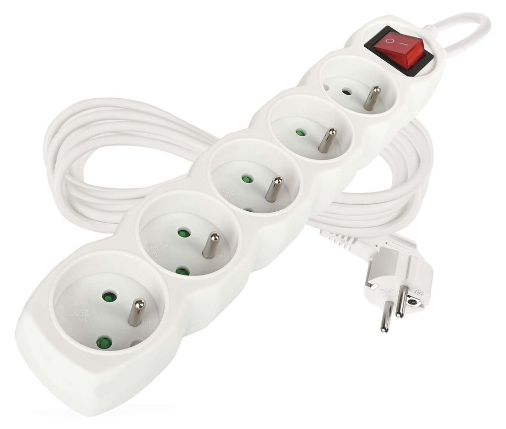 Prodlužovací kabel 5 m / 5 zásuvek / s vypínačem / bílý / PVC / 1 mm2