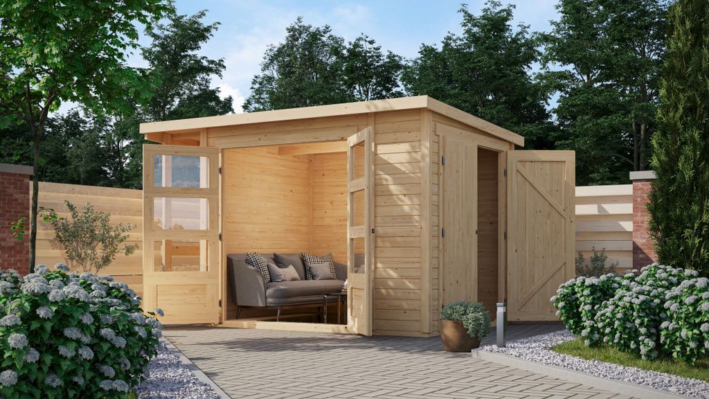 Karibu Gartenhaus Gerätehaus 19 mm Multifunktionshaus Pultdach mit Schrank und Anbaudach naturbelassen 300x186,5x196,5 cm