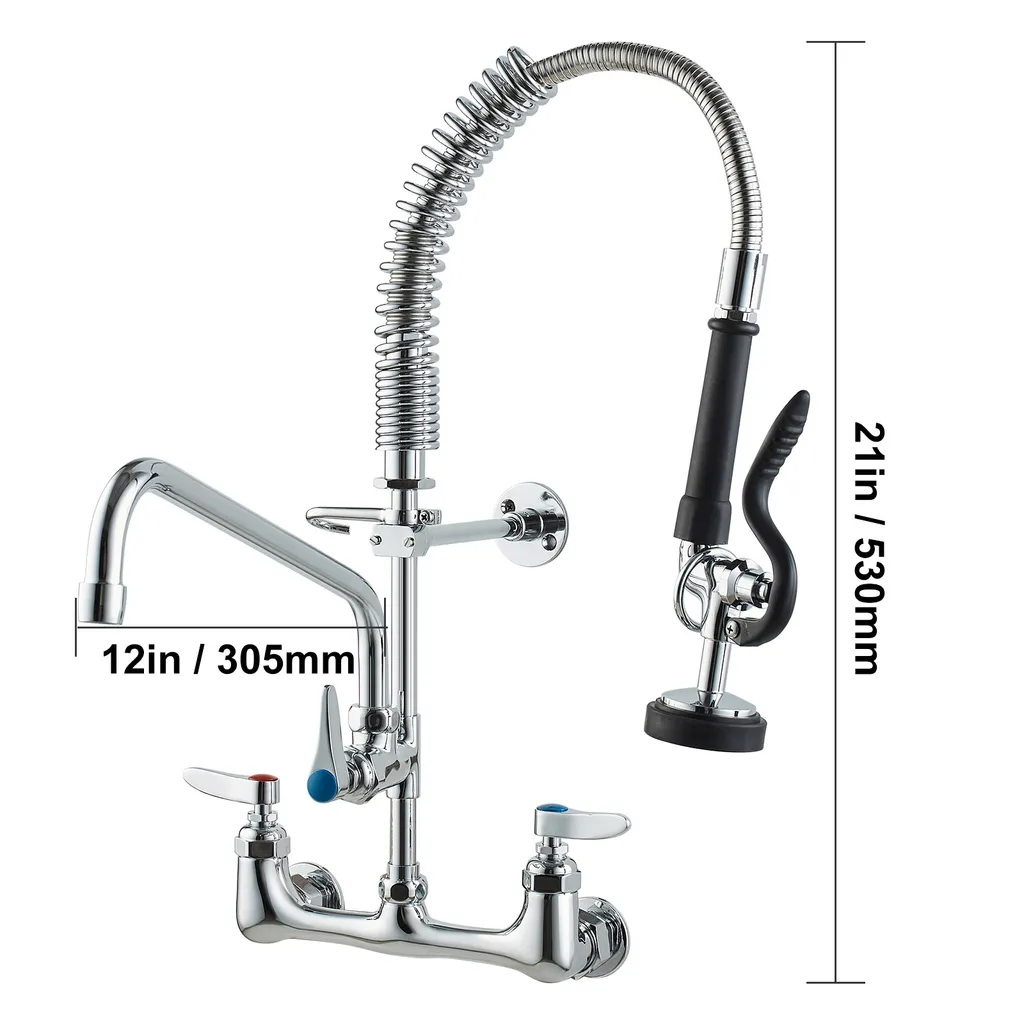 VEVOR Rubinetto commerciale con doccetta pre-lavello, rubinetto da cucina alto 53 cm, bocca girevole da 30,5 cm, rubinetto per lavello da cucina per montaggio a parete, apparecchio in ottone con doccetta estraibile, per lavello a 1/2/3 scomparti - 8