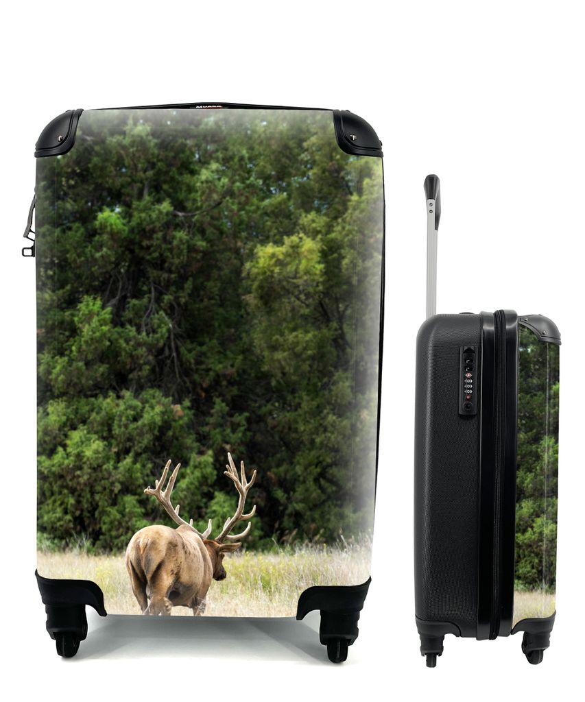 MuchoWow Koffer Handgepäck Trolley Rollkoffer Kleine Reisekoffer mit 4 Rollen - Hirsche - Gras - Wald - Cabin Size < 55x40x23 cm & 55x40x20 cm -...