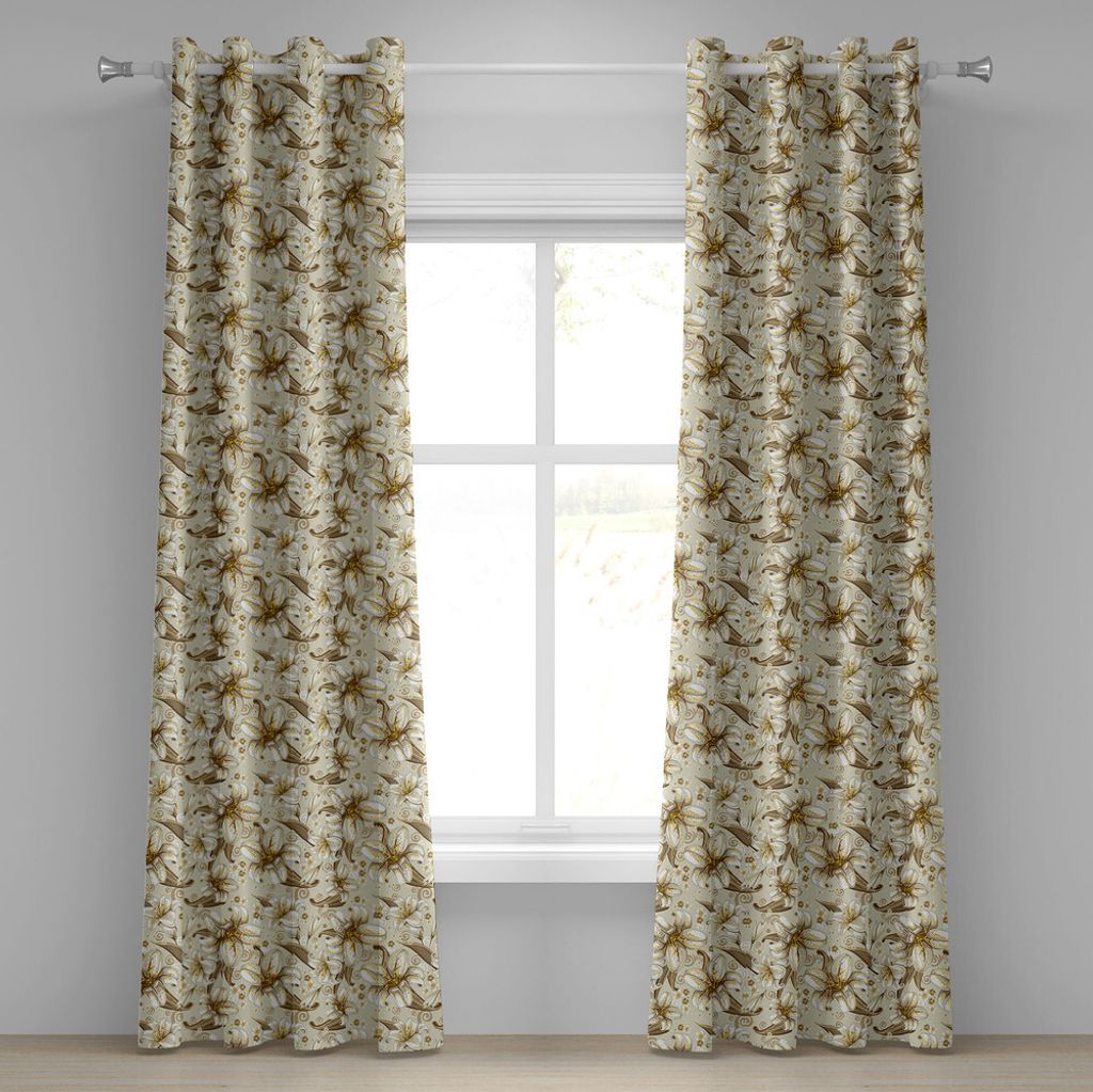 ABAKUHAUS Beige Ösenvorhang, Wildes Beunruhigtes Lilien Blumenhintergrund Blühendes Blumenblatt Natur Thema, Dekorative 2-Panel-Fenstervorhänge,...