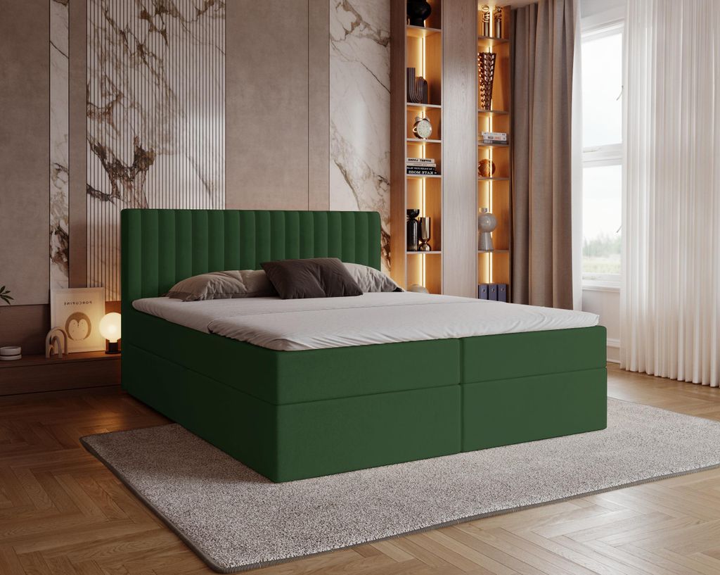 Boxspringbett 200x200 cm Daliro mit Bettkasten - Bonell-Matratze, Topper - Doppelbett, Samtstoff Grün
