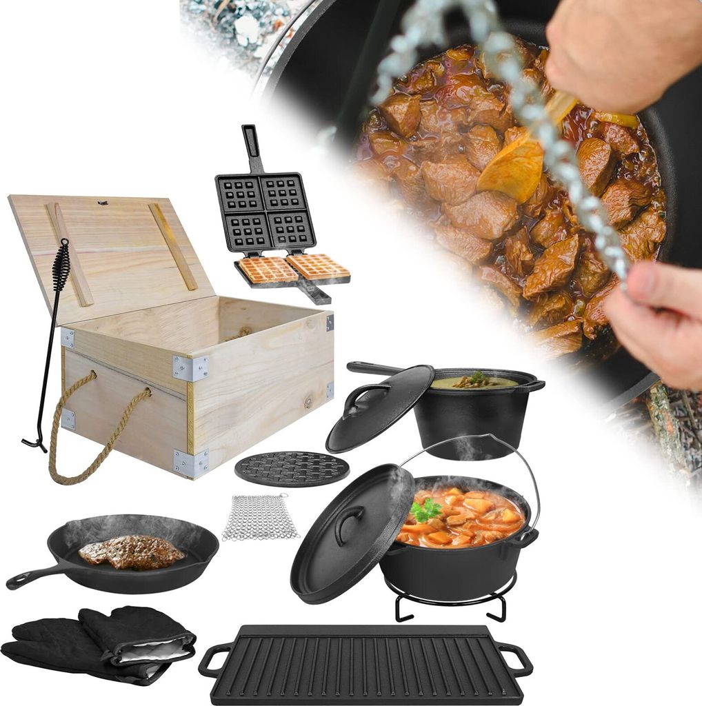 ACXIN Dutch Oven Set 11-teilig Holzkiste Kochtopf Grillplatte Pfanne BBQ Waffeleisen Gusseisen Kochtopf mit Kochtopf Grillplatte Pfanne Deckelheber