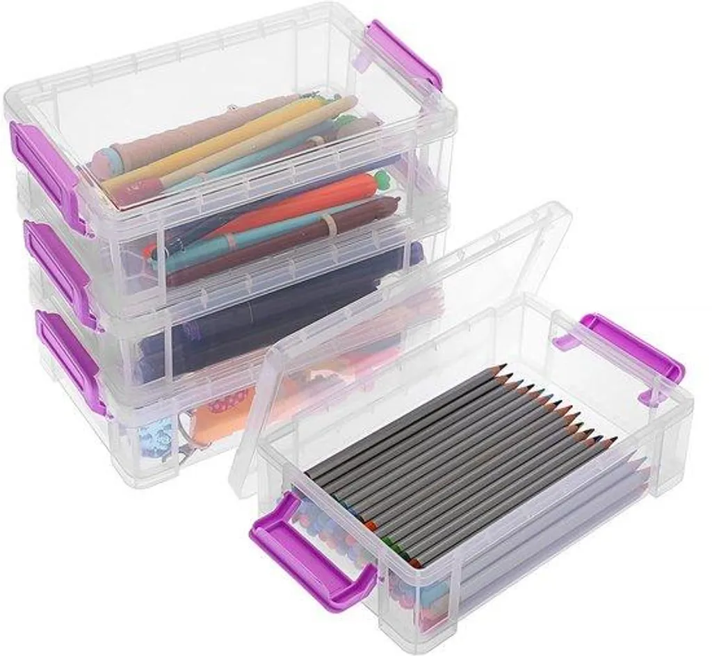 Boîte de rangement empilable violette 19,5 cm, plastique transparent lot