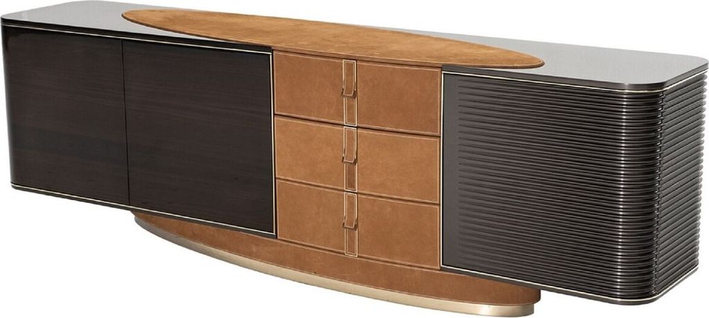 Casa Padrino Luxus Sideboard Hellbraun / Dunkelbraun / Grau / Gold 249 x 52,5 x H. 76 cm - Massivholz Schrank mit 3 Türen und 3 Schubladen - Luxus...
