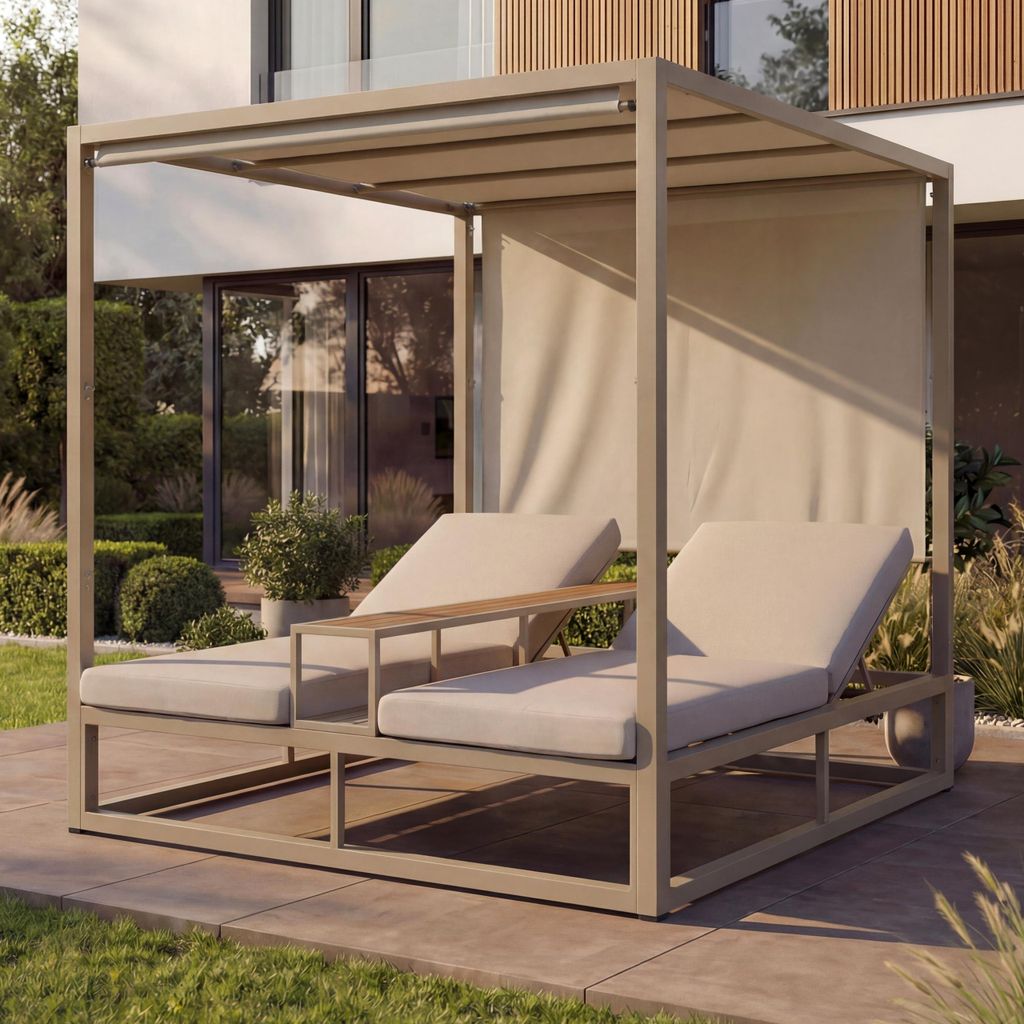 Alu Lounge-Gartenliege MCW-P81, Sonnenliege Daybed, 10cm-Polster 220g/m² 196x165x196cm beige, Polster beige