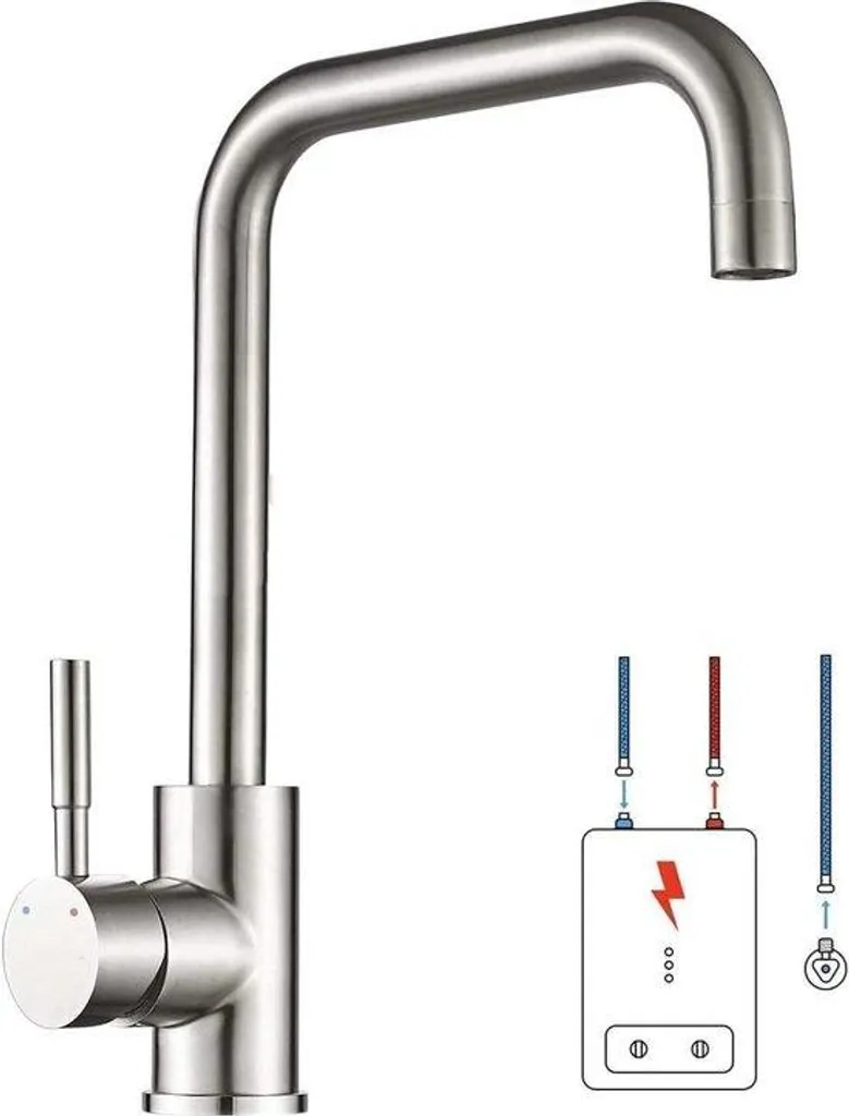 Robinet cuisine basse pression en acier inox poli - Mitigeur à 3 voies L