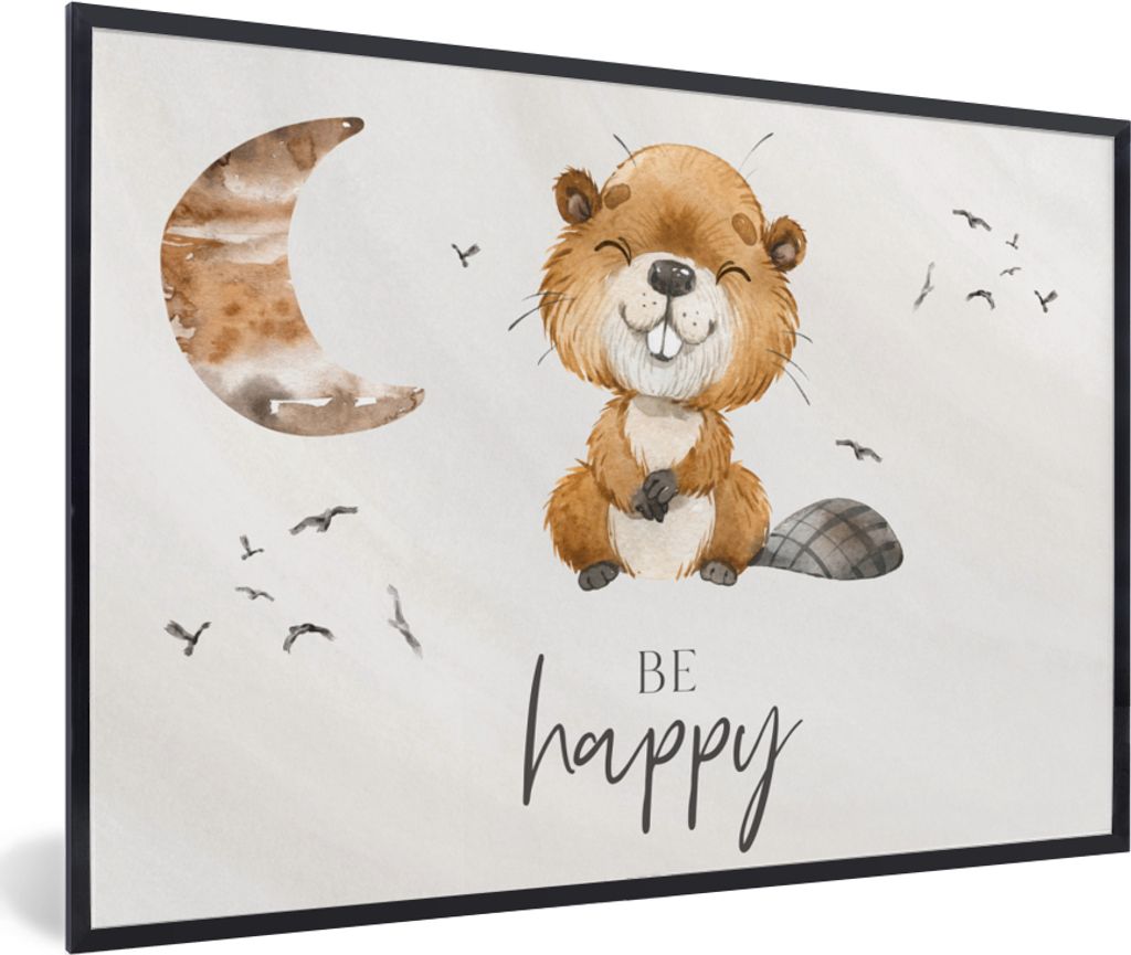 MuchoWow Gerahmtes Poster Zitate - Glücklich sein - Kinder - Mond - Biber - Aquarell 30x20 cm - Poster mit Schwarzem Bilderrahmen Wandposter Rah...