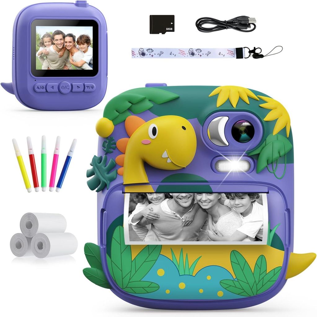Kinderkamera Sofortbildkamera 2,4 Zoll Digitalkamera Kinder Dinosaurier Sofortdruck mit 32GB Karte & 3 Rollen Papier, Geschenk für 3-12 Jahre