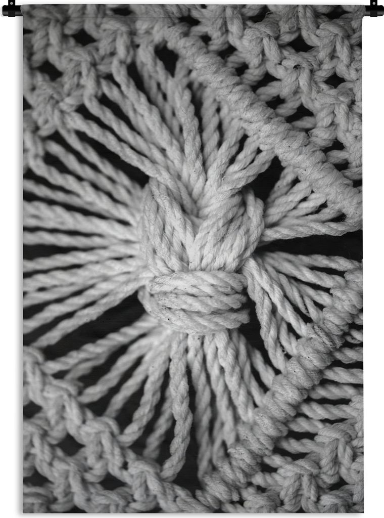 MuchoWow Wandteppich Wandbehang Makramee-Teppich in Großaufnahme - schwarz und weiß 90x135 cm Tapisserie Dekoration Wandtuch - Baumwolle - Wand...