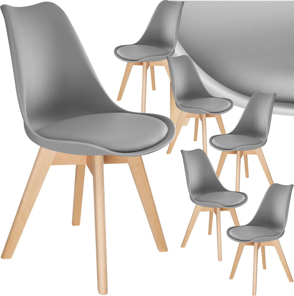 A set of gray dining chairs with wooden legs arranged on a white background.