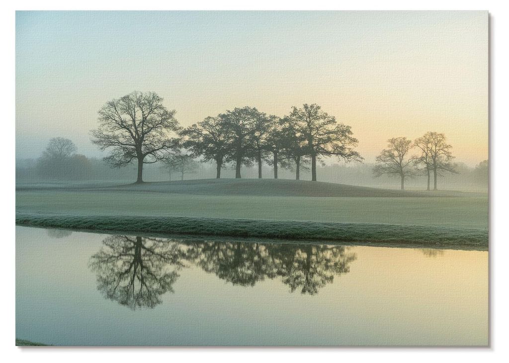 POSTER - 29x21 cm (A4) - Max - Ruhige Wasseroberfläche, Spiegelung der Bäume, leichter Nebel - Wandbild für Wohnzimmer Schlafzimmer & Flur, Mode...