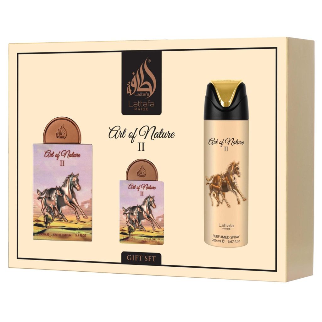 A gift set of Lattafa Pride Art Of Nature II perfumes and body spray, presented in a box.