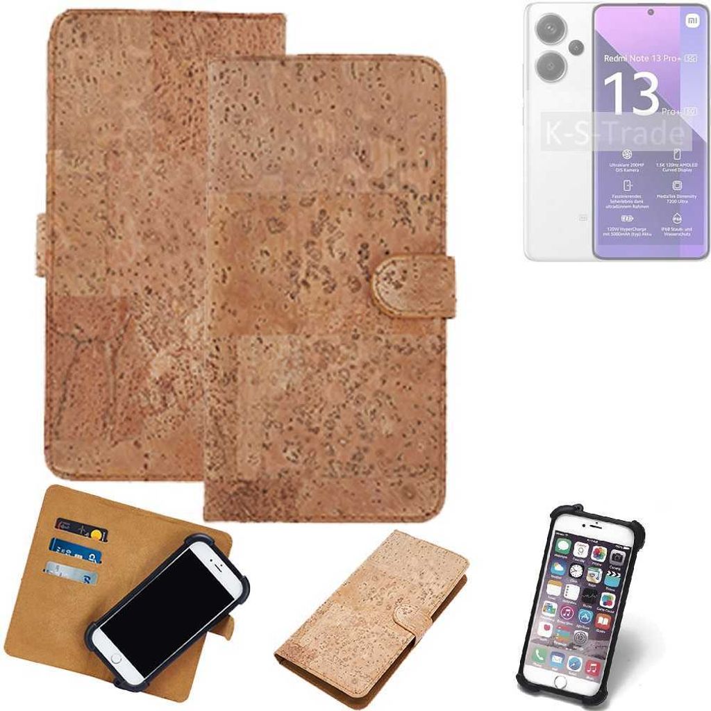 K-S-Trade Hülle kompatibel mit Xiaomi Redmi Note 13 Pro + 5G Kork Handyhülle Cover Schutzhülle TPU Case Bumper in Hellbraun, (1x)
