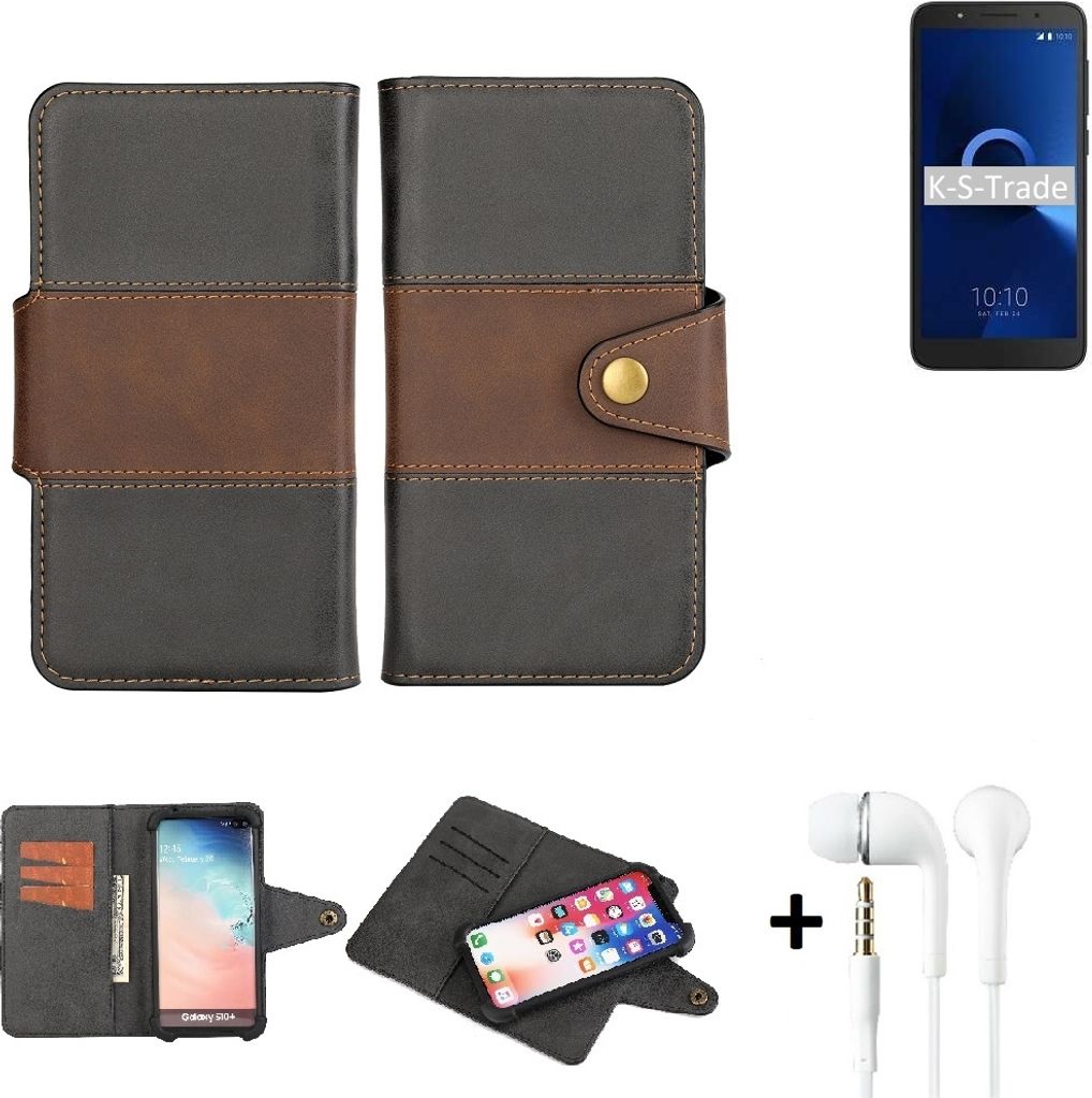 K-S-Trade Handyhülle Schutzhülle Bookstyle Wallet-Case kompatibel mit Alcatel 1C Dual SIM + earphones Bumper rundumschutz schwarz-braun 1x