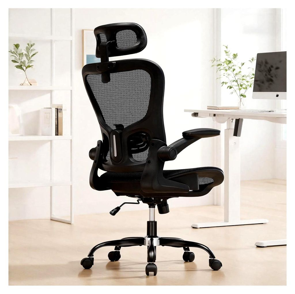 Ergonomischer Bürostuhl mit verstellbarer Kopfstütze, Armlehnen und Lendenwirbelstütze, geeignet als Büro- und Gamingstuhl, Wippfunktion, aus M...