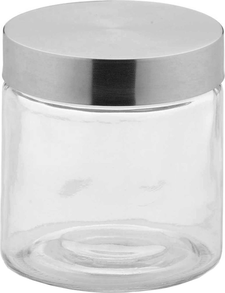 A clear studio shot of a glass storage jar with a silver lid.