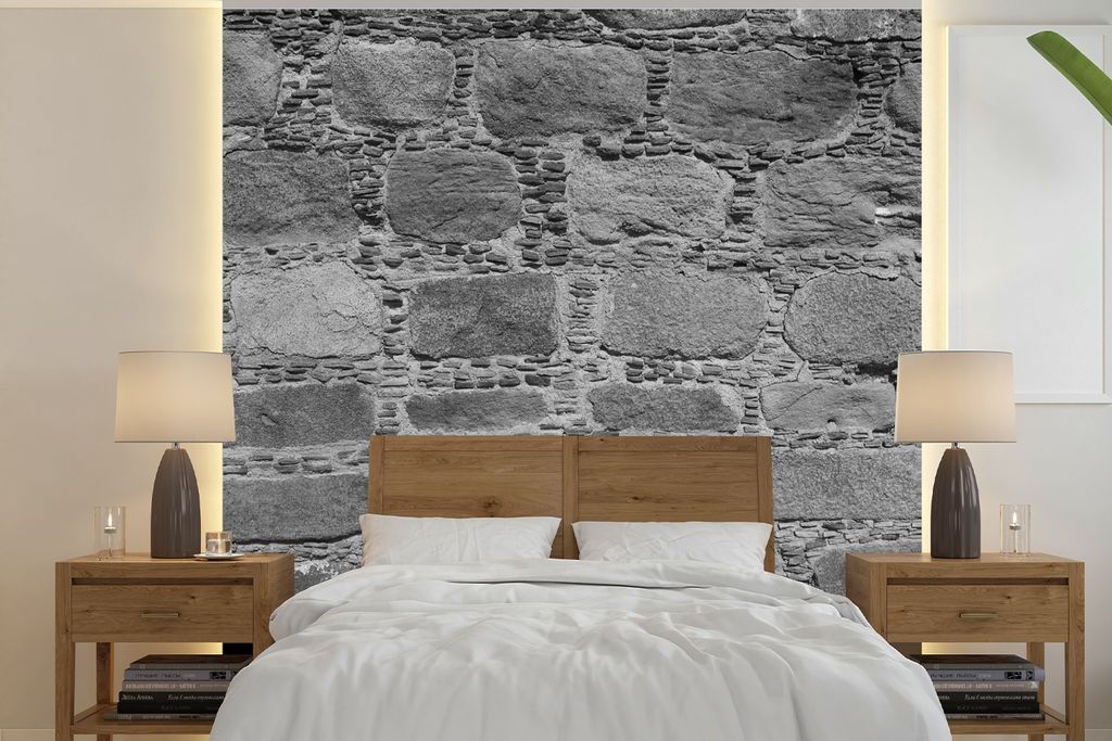 MuchoWow Fototapete für Wohnzimmer oder Schlafzimmer Wandtapete Vinyl Motivtapete Wand - Stein - Antik - Schwarz - Weiß - 300x300 cm - Wanddeko...