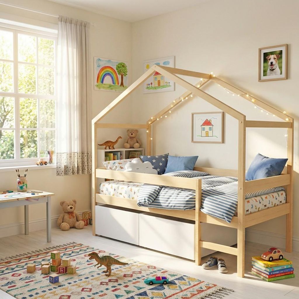 Hausbett MIKA mit Schubladen/ Kinderbett 90x190 - Naturholz