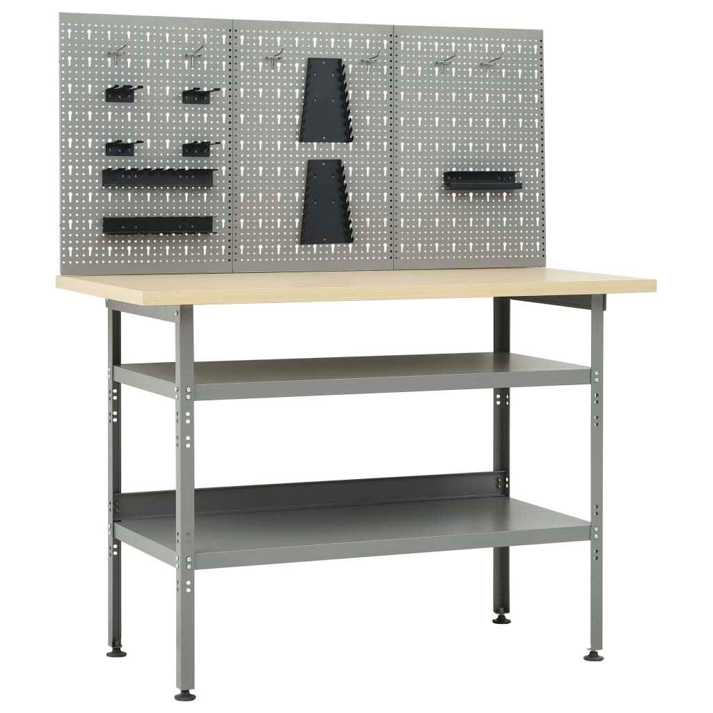 Werkbank mit 3 Werkzeugwänden Grau Stahl/Holzwerkstoff 120x60x85 cm Tragkraft 300 kg