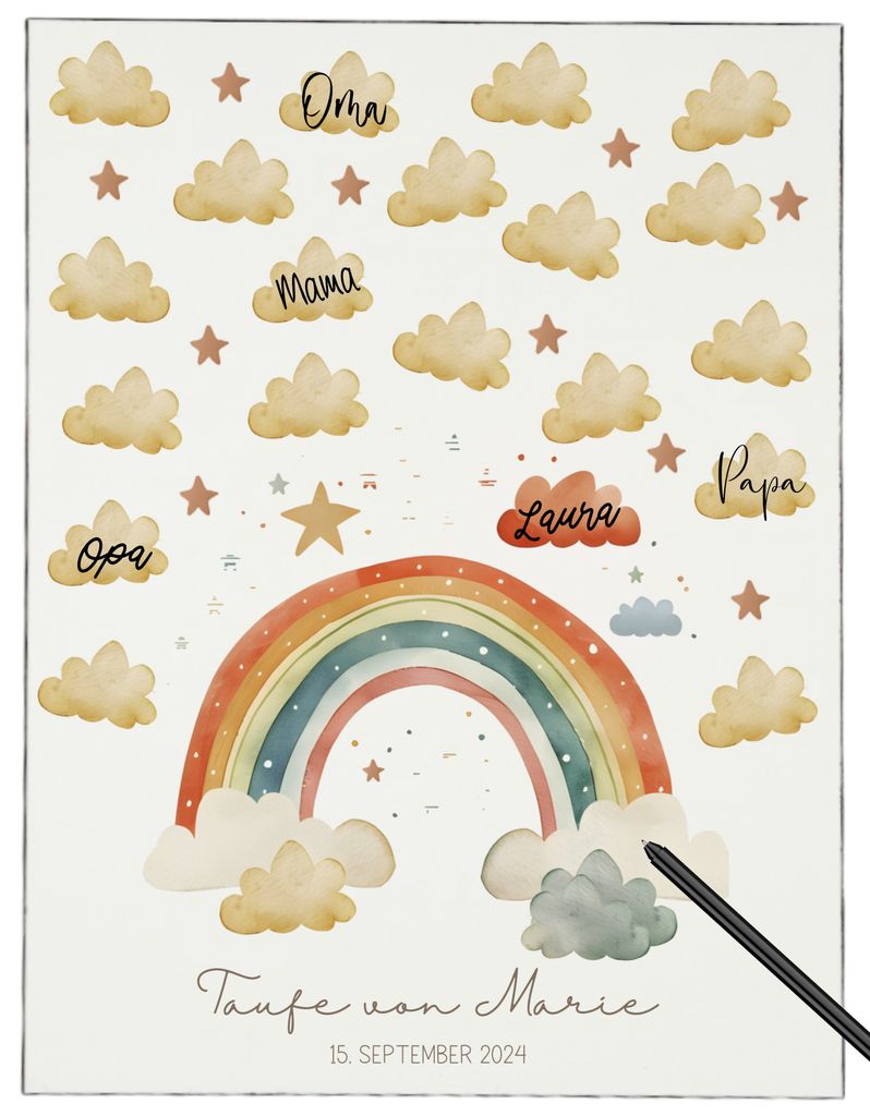 Gästebuch Taufe personalisiert Holztafel Regenbogen braun Produktbild 