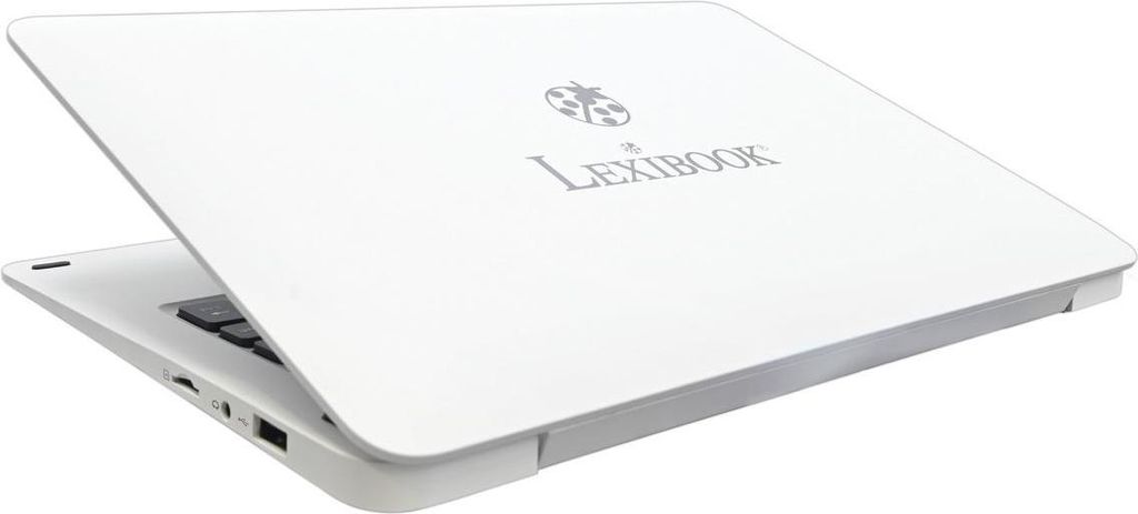 A white Lexibook laptop is shown from a diagonal angle, with the lid partially open.
