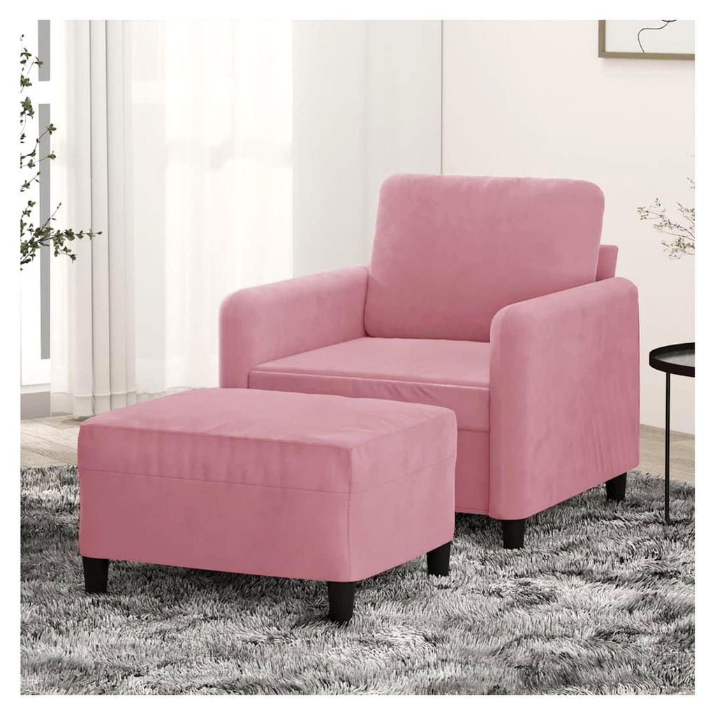 Sessel mit Hocker in Rosa, 60 cm Sitzbreite, Samtbezug, stabiles Metallgestell, bequemes Polster für Wohnzimmer und Schlafzimmer