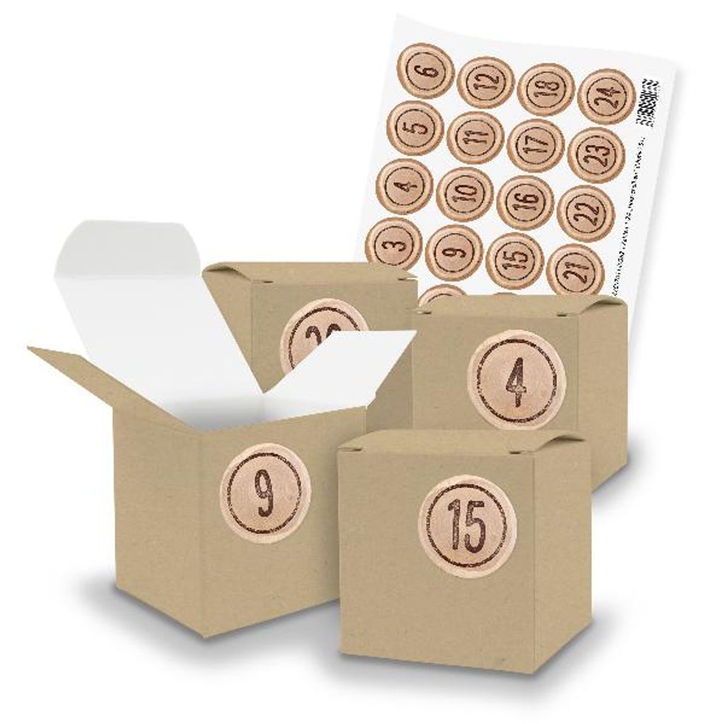 itenga SET V70 Adventskalender Würfelbox klein, Braun + Zahlensticker Z51, 2cm