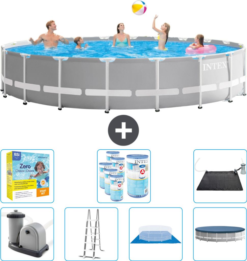 Intex Round Prism Frame Swimming Pool – 610 x 132 cm – Grau – inklusive Pumpe – Leiter – Bodenplane – Abdeckung Wartungspaket - Filter ...