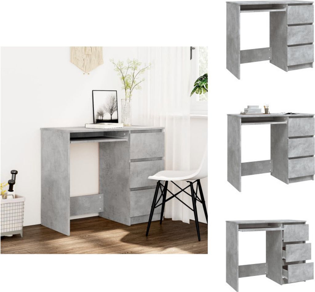 A collage of images showing a gray desk with drawers from different angles, and a larger image of the desk in a room setting.