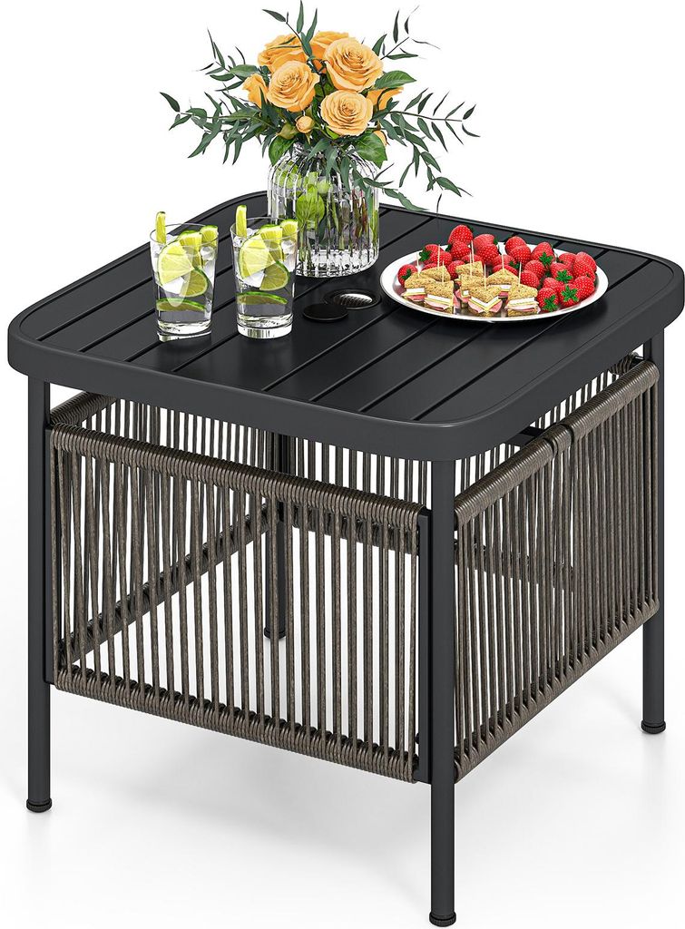 COSTWAY Beistelltisch Outdoor wetterfest, Polyrattan Gartentisch mit Schirmloch, Kleiner Balkontisch, Kaffeetisch 56 x 56 x 49cm