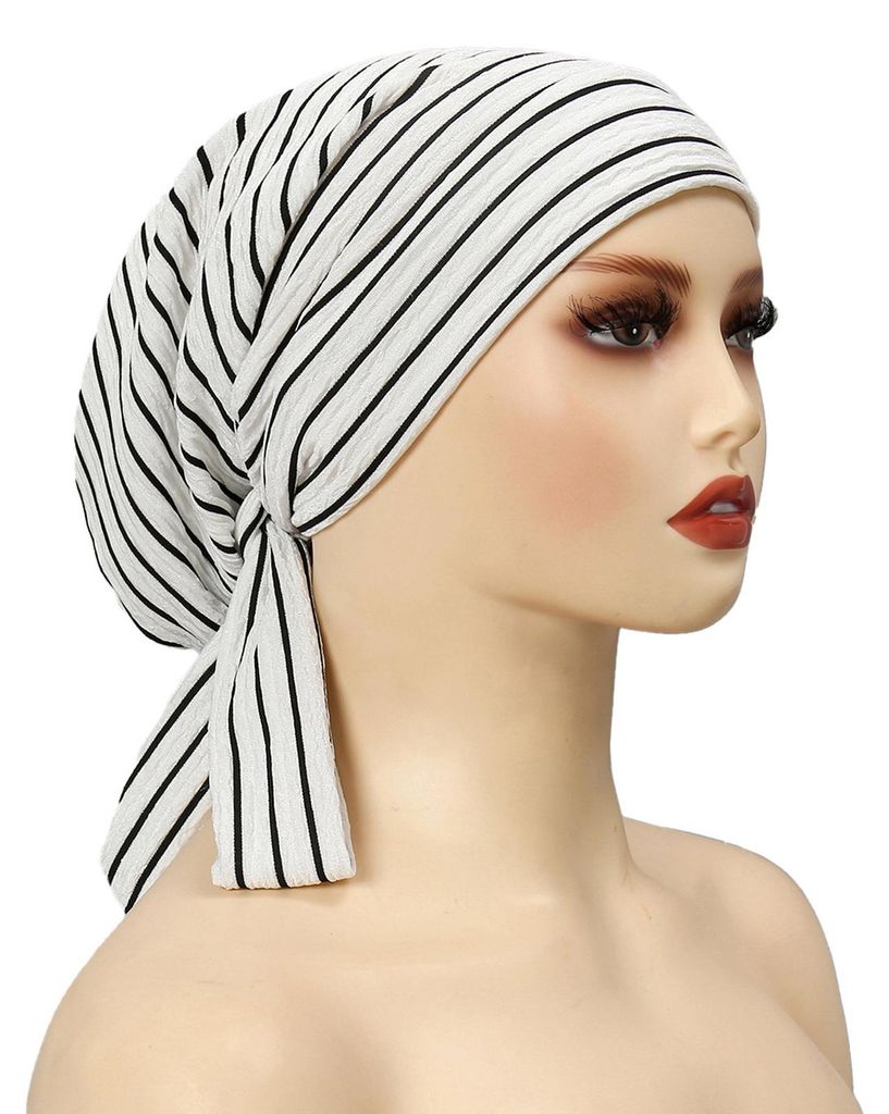 Damen-Kopftuch, gestreift, zum Schnüren, Turban, Kopfbedeckung bei Haarausfall und Chemotherapie, vollständige Abdeckung