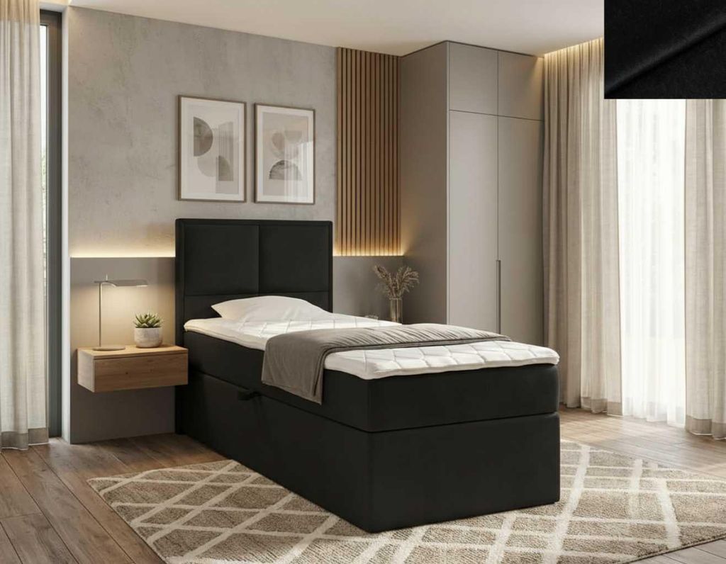 Boxspringbett MODERNO NORDELO New Velo 107 SCHWARTZ 100 x 200 cm mit Stauraum, Bonellmatratze und 4 cm Topper