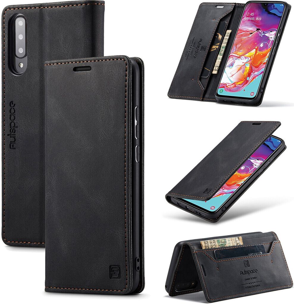 Galaxy A70s Brieftasche Hülle, Retro Kunstledertasche Stand Schutzhülle für Samsung Galaxy A70 / A70S Schwarz