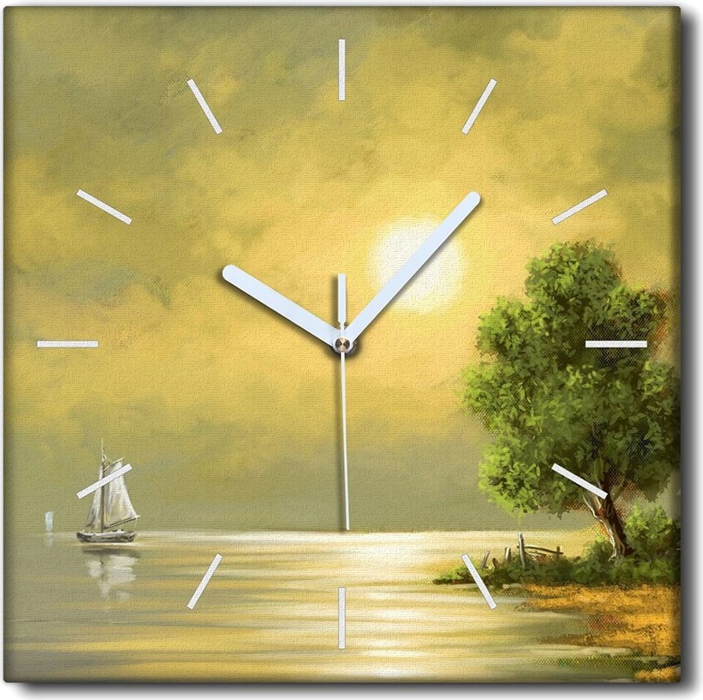 Coloray Uhr auf Leinwand 30x30 cm Wand Uhr Dekoration Wohnzimmer Segeltuch weiße Zeiger -Baum-Bootslandschaft.