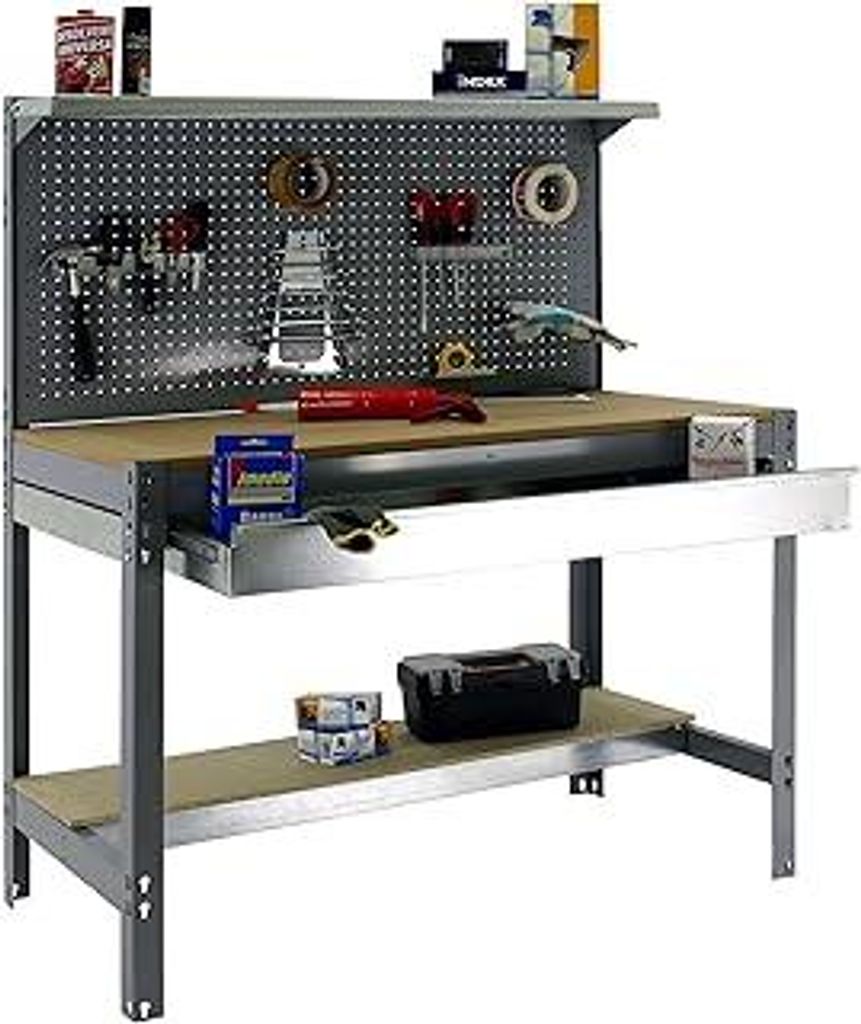 SimonRack Werkbank 400 kg Belastbarkeit, 144,5x91x61 cm, 1 Schublade, Große Arbeitsfläche Arbeitsfläche, Arbeitstisch, Holz-Arbeitsplatte, Grau/...