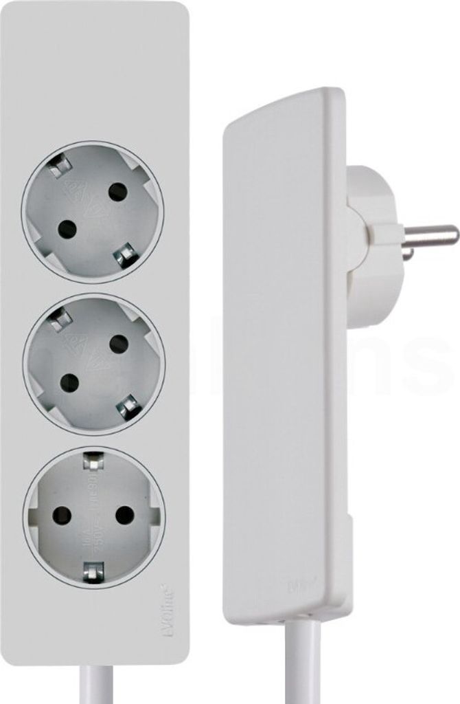 A white power strip with three European-style outlets and a plug is shown against a white background. A side view of the power strip is also visible.