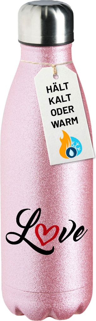 Huuraa Trinkflasche Love Herz Hearth 500ml Pink Edelstahl Wasserflasche Trinkflasche Geschenkidee