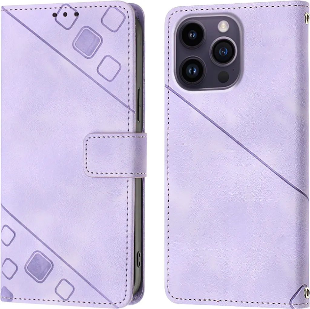 Custodia iPhone 14 Pro Max Portafoglio Pelle Viola Rilievo con Stand