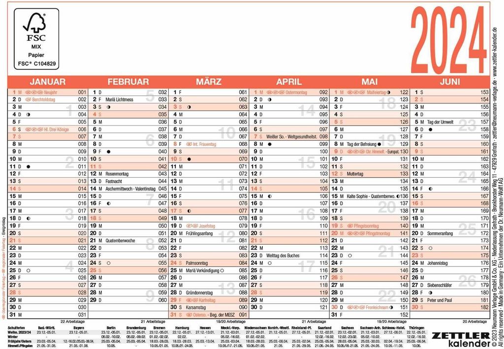 ZETTLER 602529 Tafelkalender - A6 quer, 6 Monate / 1 Seite, Karton