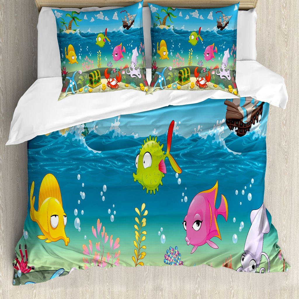 ABAKUHAUS Tier Bettbezug, Meerestiere Unterwasser, Milbensicher Allergiker geeignet mit Kissenbezügen, 155 cm x 220 cm - 80 x 80 cm, Mehrfarbig